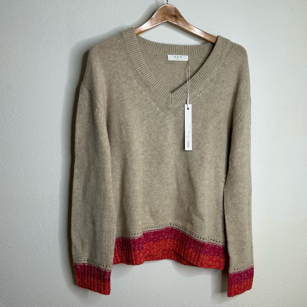 NWT 100% Cashmere Tan Pink Crochet V - Neck Tunic Oversized Sweater Size S